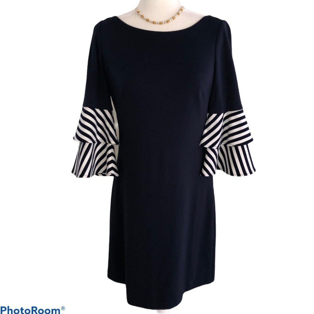 Eliza J Blue Flutter Striped Bell Sleeves Dress 2